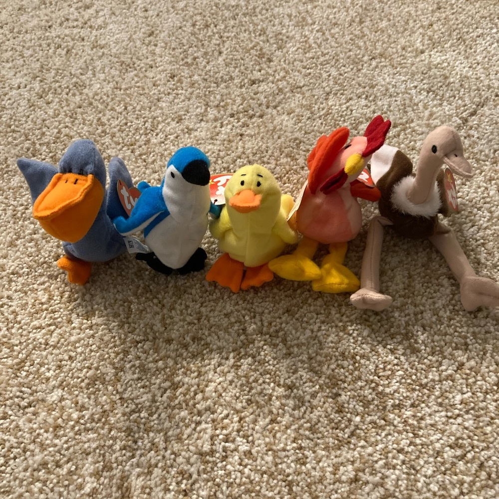 Ty mini Plush Bird Collection - Pelican, Blue Jay, Duck, Rooster, Ostrich